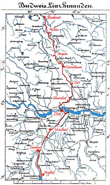 Karte der Pferdeeisenbahn von Budweis über Linz nach Gmunden Pferdeeisenbahn Budweis-Linz
